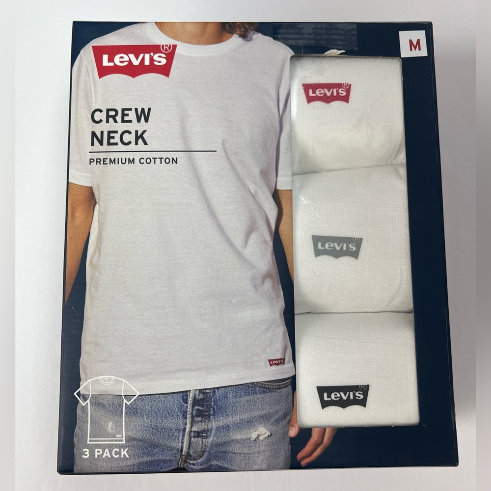LEVI'S CREW NECK 3 PACK WHITE 100% PREMIUM COTTON LOGO T SHIRTS UNDERWEAR SIZE M